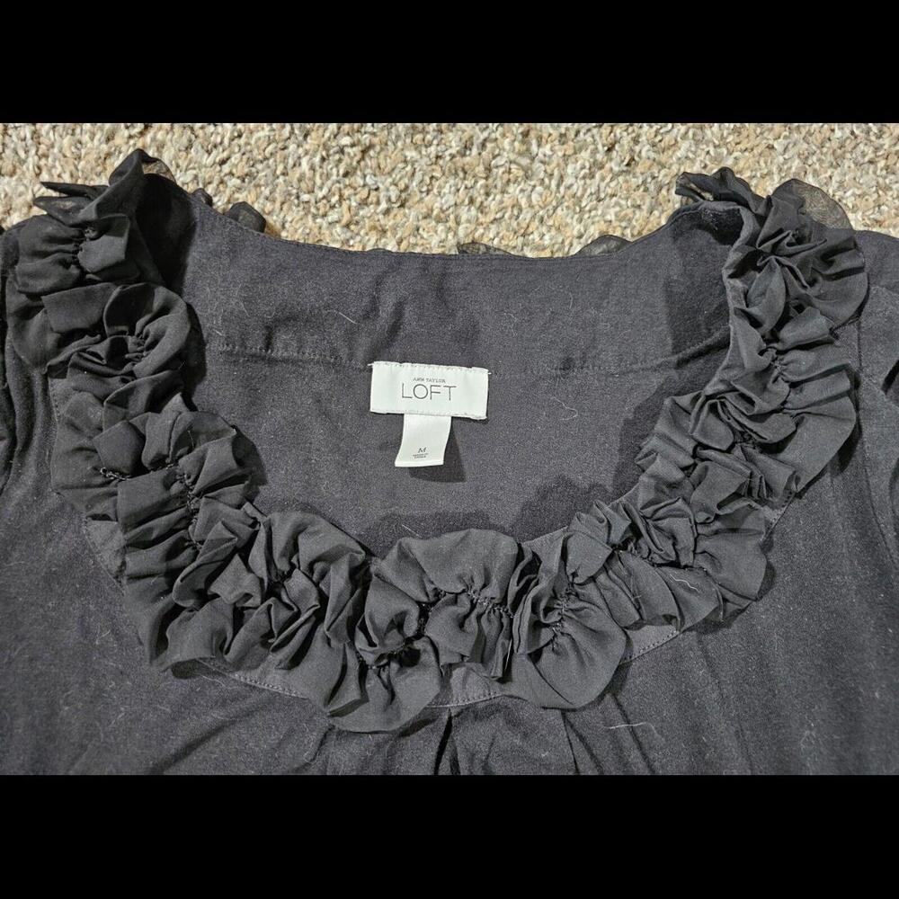 Ann Taylor LOFT Black Modal Short Sleeve Ruffled Neck Top M - Picture 2 of 8